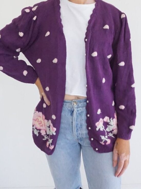 Sweaters - Vintage Maggie Lawrence Purple Polka Dot Floral Embroidered Knit Cardigan M